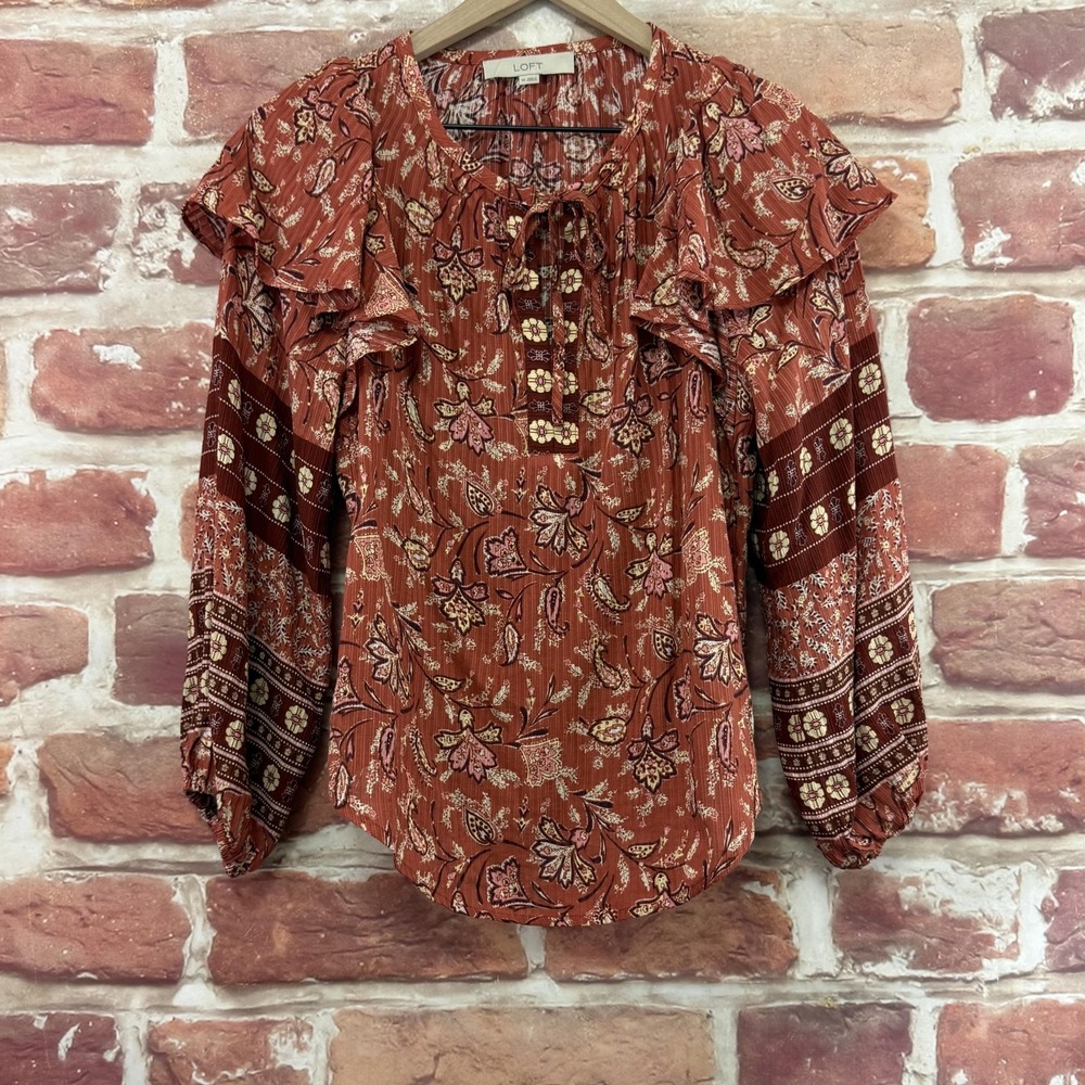 Ann Taylor Loft Top Women's XS Rust Brown Multicolor Boho Peasant Floral Shirt